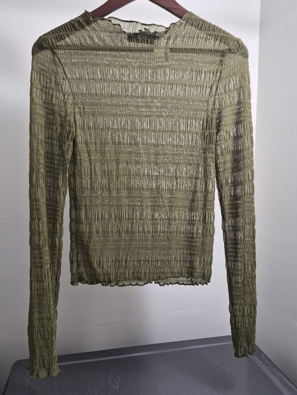 Simons Olive Sheer Textured Long-Sleeve Sheer Top